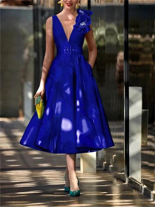 A-Line/Princess V Neck Sleeveless Tea-Length Mother of the Bride Dresses with Belt Ruffles Applique by Dreamylily