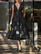 A-Line/Princess V Neck Sleeveless Tea-Length Mother of the Bride Dresses with Belt Ruffles Applique by Dreamylily