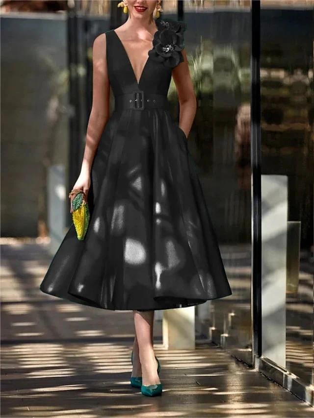 A-Line/Princess V Neck Sleeveless Tea-Length Mother of the Bride Dresses with Belt Ruffles Applique by Dreamylily