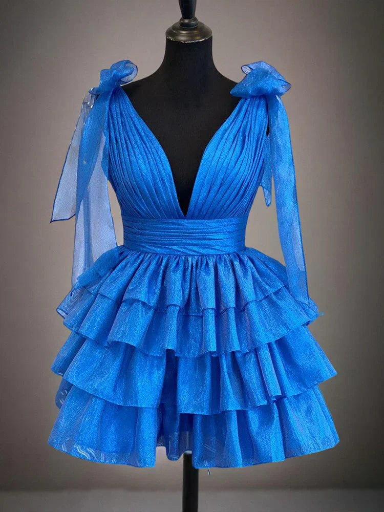 A-Line Deep V-Neck Tiered Sparkly Organza Homecoming Dress by Cicinia