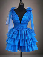 A-Line Deep V-Neck Tiered Sparkly Organza Homecoming Dress by Cicinia
