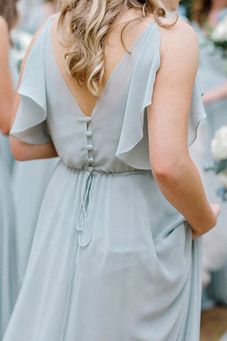 Vestido de dama de honor largo azul claro con volantes, corte A, largo hasta el suelo, BD116