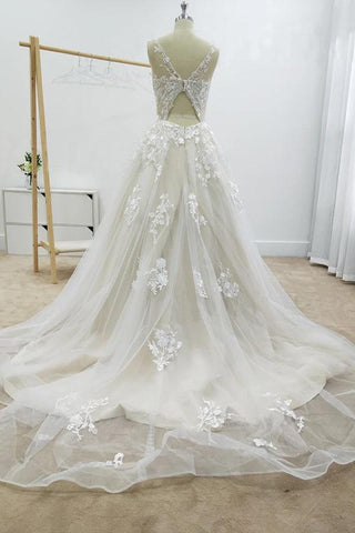 A-Linie Blumenapplikationen Strand Brautkleider Rückenfreies Brautkleid WD467