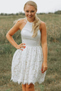 A-Line Ivory Lace Halter Neckline Backless Short Homecoming Dress PD449 by pgmdress