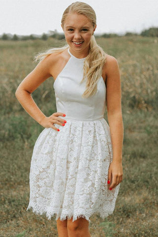 A-Linie Elfenbein Spitze Neckholder rückenfreies kurzes Homecoming-Kleid PD449