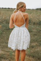 A-Line Ivory Lace Halter Neckline Backless Short Homecoming Dress PD449