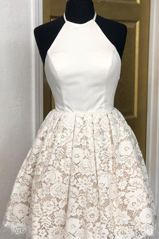 A-Linie Elfenbein Spitze Neckholder rückenfreies kurzes Homecoming-Kleid PD449