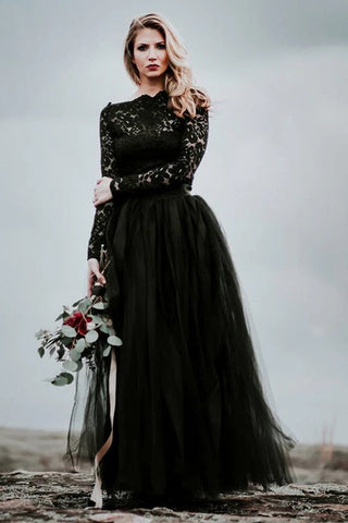 A-Linie Spitze appliziert schwarz Brautkleid Boho Brautkleid WD744