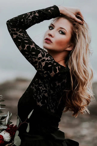 A-Linie Spitze appliziert schwarz Brautkleid Boho Brautkleid WD744