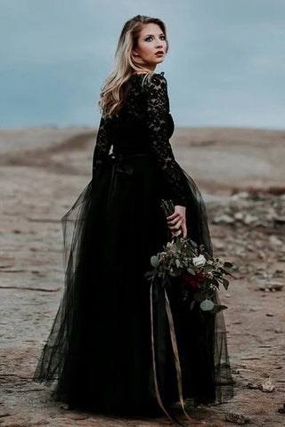 A-Linie Spitze appliziert schwarz Brautkleid Boho Brautkleid WD744