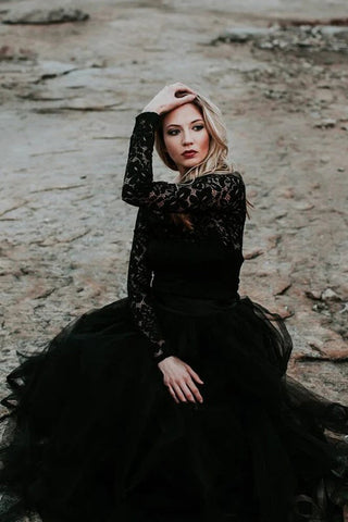 A-Linie Spitze appliziert schwarz Brautkleid Boho Brautkleid WD744