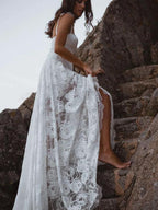 A-Line Lace Backless V-Neck Spaghetti Straps Lace Beach Wedding Dress WD566 by pgmdress