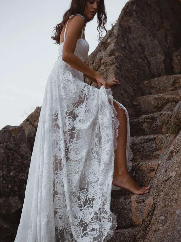 A-Line Lace Backless V-Neck Spaghetti Straps Lace Beach Wedding Dress WD566 by pgmdress