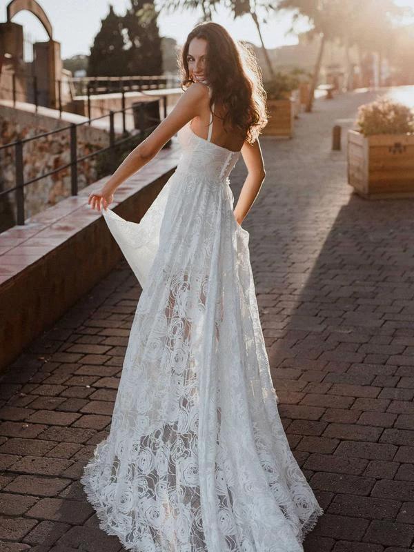 A-Line Lace Backless V-Neck Spaghetti Straps Lace Beach Wedding Dress WD566 by pgmdress