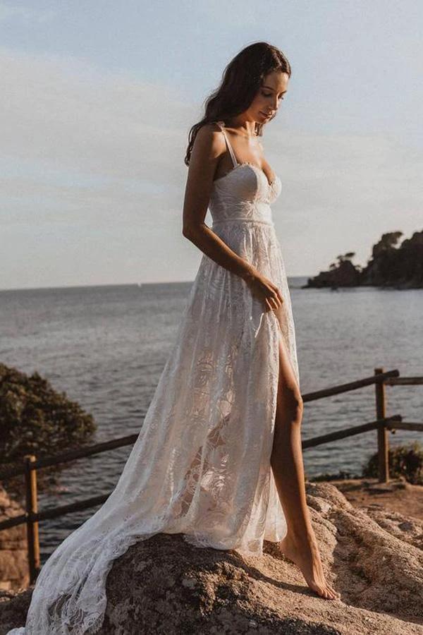 A-Line Lace Backless V-Neck Spaghetti Straps Lace Beach Wedding Dress WD566 by pgmdress