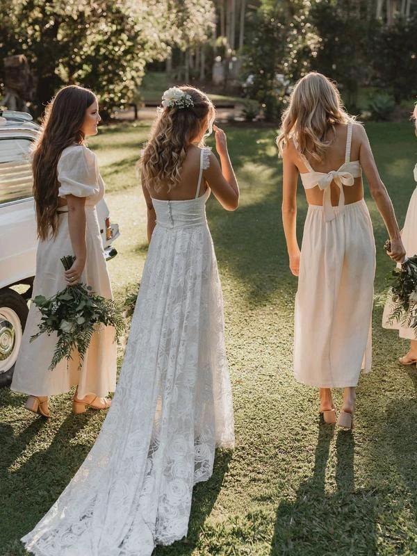 A-Line Lace Backless V-Neck Spaghetti Straps Lace Beach Wedding Dress WD566 by pgmdress