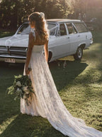 A-Line Lace Backless V-Neck Spaghetti Straps Lace Beach Wedding Dress WD566 by pgmdress