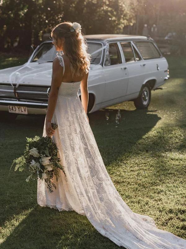 A-Line Lace Backless V-Neck Spaghetti Straps Lace Beach Wedding Dress WD566 by pgmdress