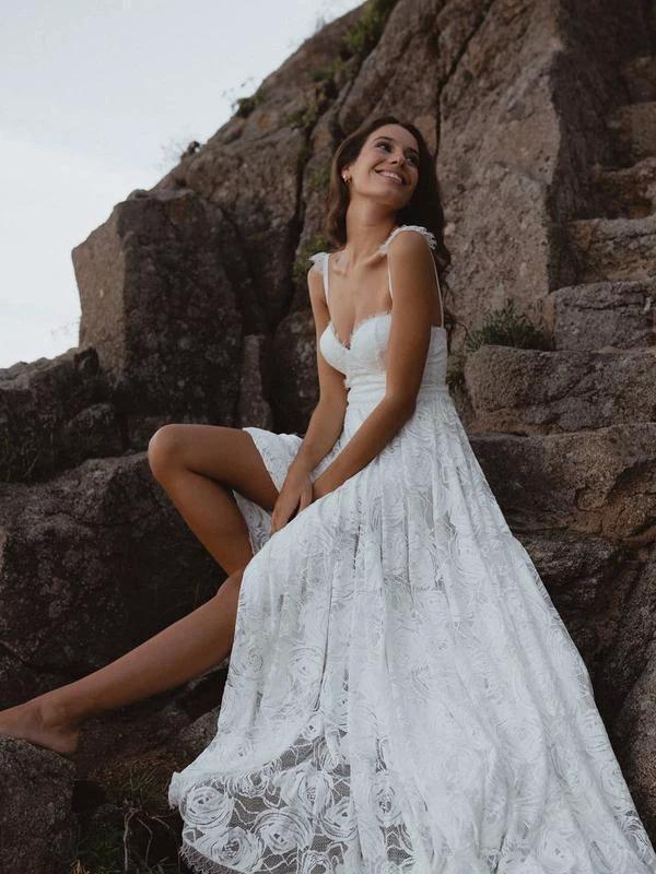 A-Line Lace Backless V-Neck Spaghetti Straps Lace Beach Wedding Dress WD566 by pgmdress