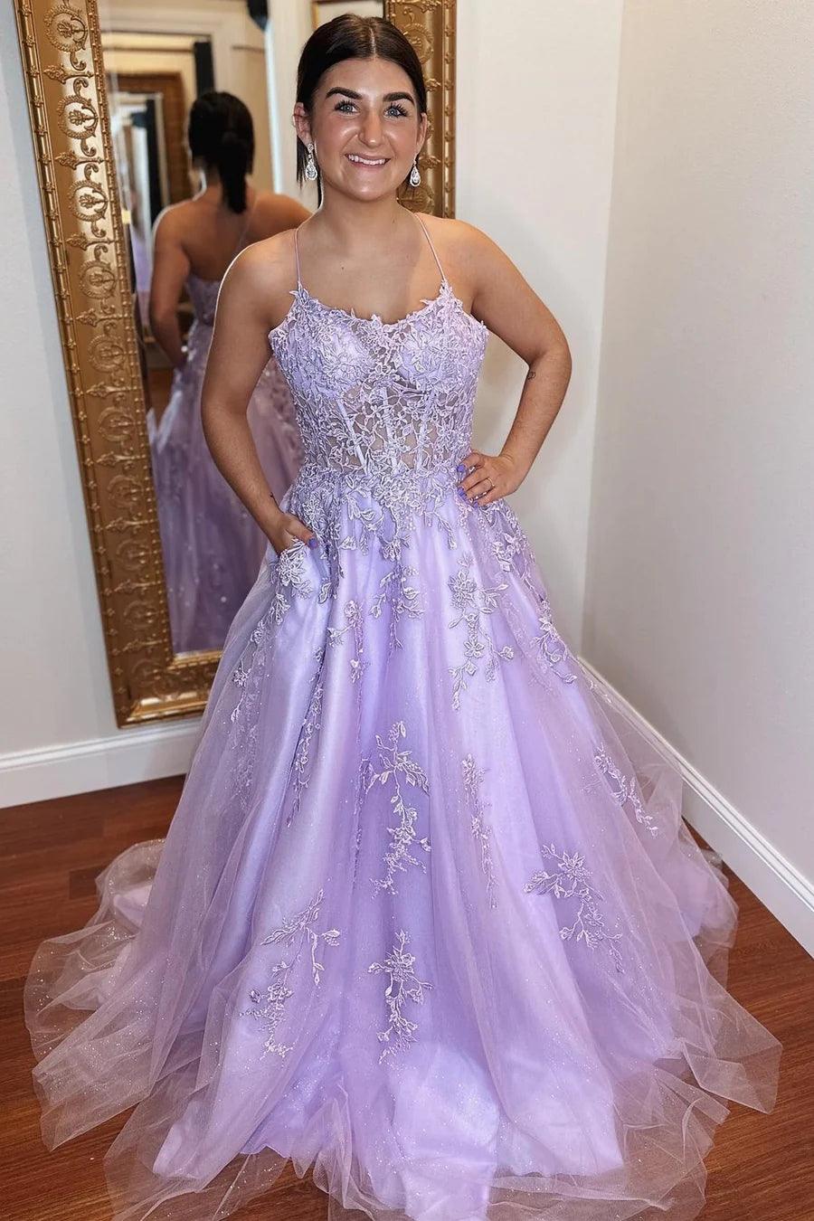 A-Line Lavender Tulle Applique Lace Up Back  Prom Evening Dress PSK429