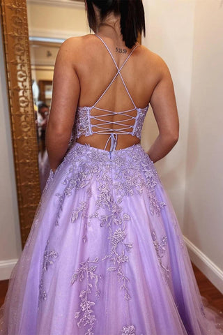 A-Linie, lavendelfarbenes Ball- und Abendkleid mit Tüllapplikationen und Schnürung am Rücken, PSK429