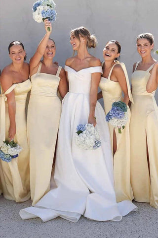 Vestido de dama de honor amarillo claro con escote redondo y abertura, corte A, BD124