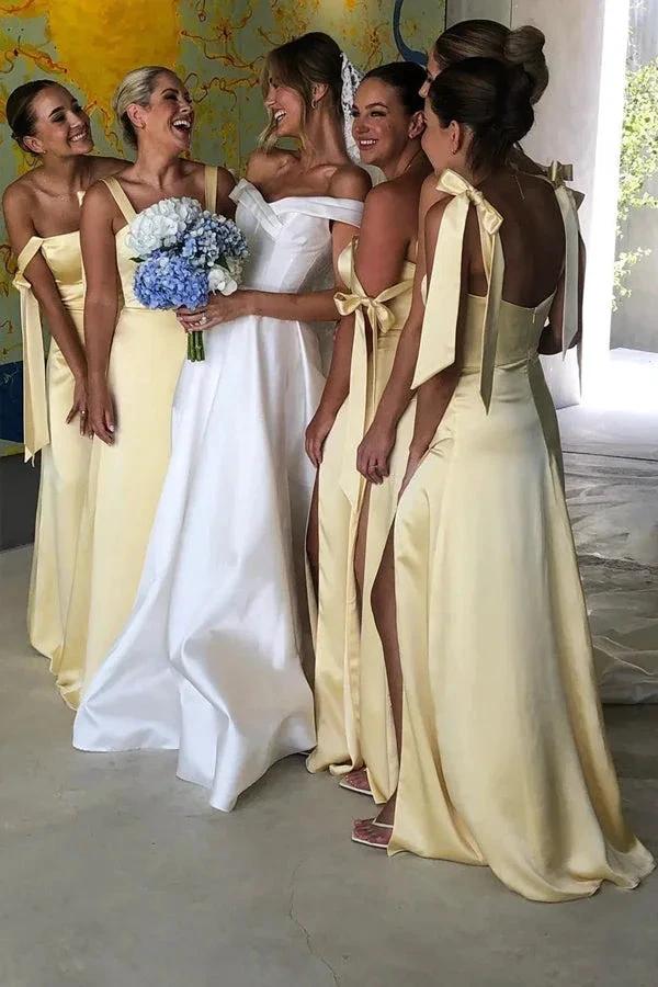 A-Line Light Yellow Scoop Neck Bridesmaid Dress with Slit BD124 by pgmdress