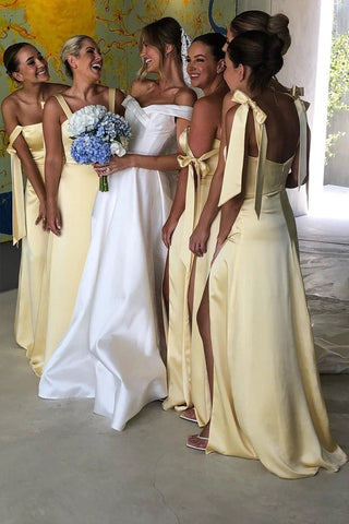 Vestido de dama de honor amarillo claro con escote redondo y abertura, corte A, BD124