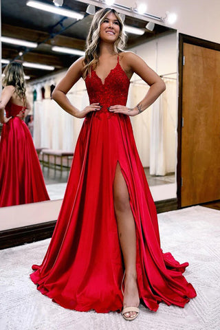 A-Linie Langes Satin Dunkelgrünes Ball-/Abendkleid mit Schlitz PSK406