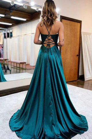 A-Linie Langes Satin Dunkelgrünes Ball-/Abendkleid mit Schlitz PSK406