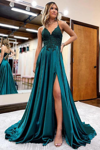 A-Linie Langes Satin Dunkelgrünes Ball-/Abendkleid mit Schlitz PSK406
