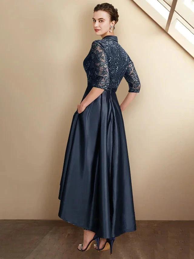 Sheath/Column V-Neck Tea-Length Mother of the Bride Dresses by Dreamylily