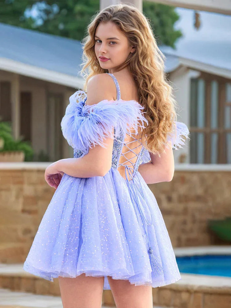 A-Line Off-the-shoulder Beading Tulle Homecoming Dresses with Feathers by Cicinia