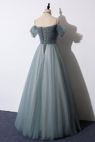 A-Linie, schulterfrei, graues Tüll-Ballkleid, Abendkleid PSK539