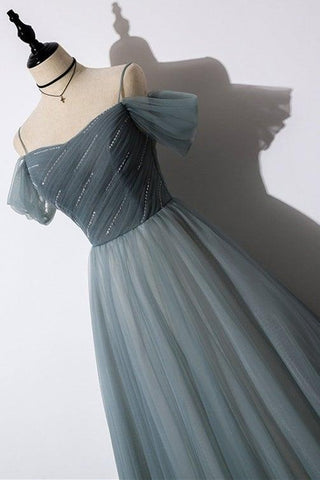 A-Linie, schulterfrei, graues Tüll-Ballkleid, Abendkleid PSK539