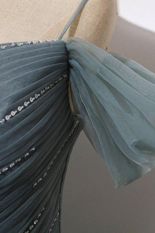 A-Linie, schulterfrei, graues Tüll-Ballkleid, Abendkleid PSK539