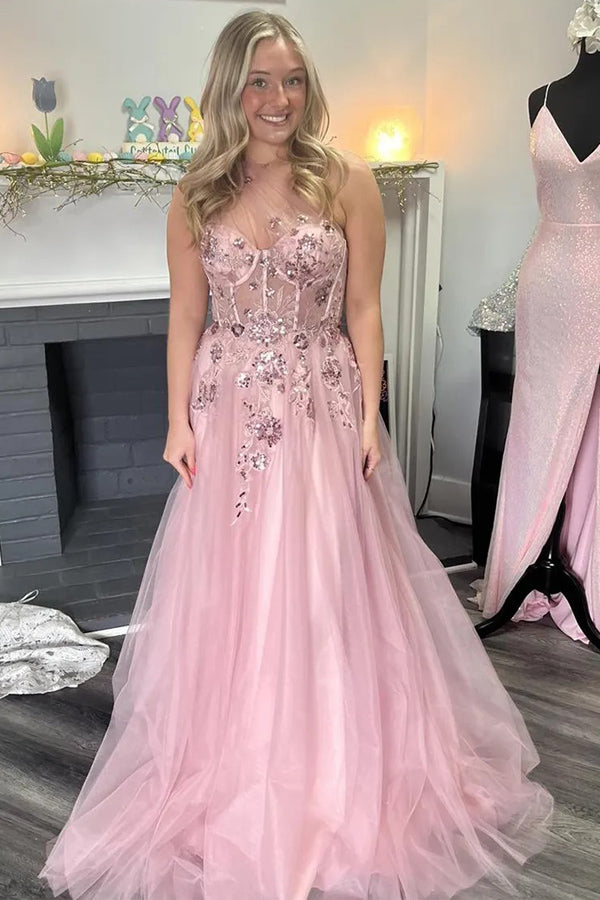 A-Line One Shoulder Appliques Tulle Pink Long Prom Dress PSK584 Hover Image