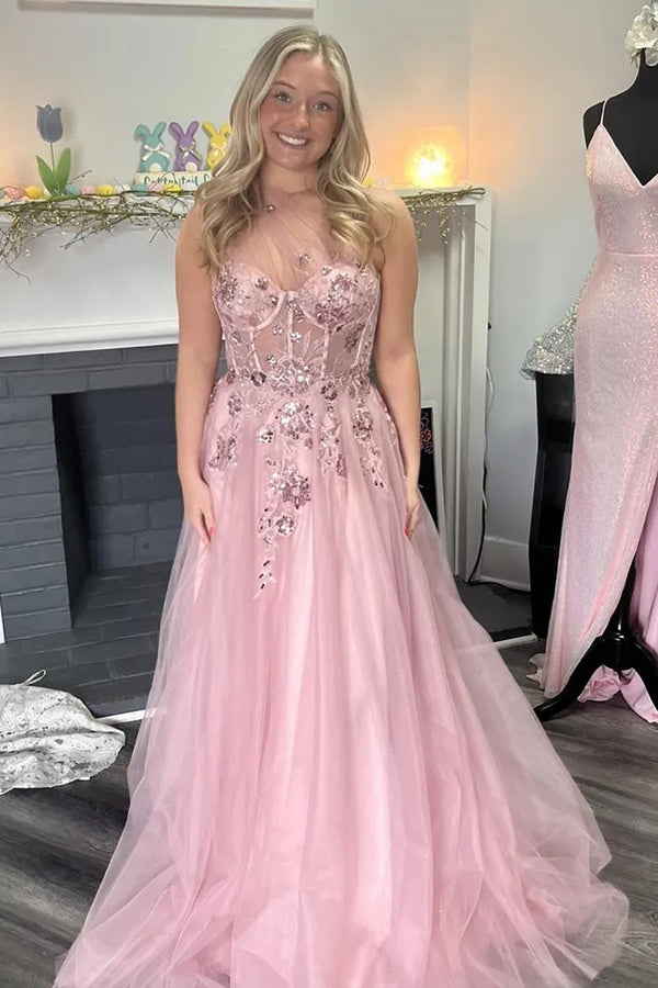A-Line One Shoulder Appliques Tulle Pink Long Prom Dress PSK584 Main Image