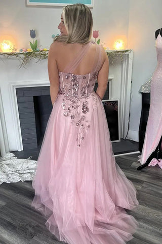 A-Linie One-Shoulder-Applikationen Tüll Rosa Langes Ballkleid PSK584