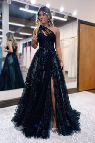A-Linie, One-Shoulder, langes schwarzes Ballkleid mit 3D-Applikationen, PSK444