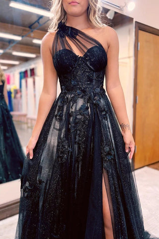 A-Linie, One-Shoulder, langes schwarzes Ballkleid mit 3D-Applikationen, PSK444