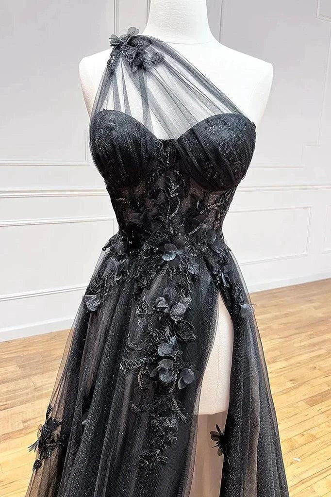 A-Line One Shoulder Black Long Prom Dress With 3D Appliques PSK444 by pgmdress