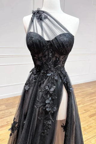 A-Linie, One-Shoulder, langes schwarzes Ballkleid mit 3D-Applikationen, PSK444