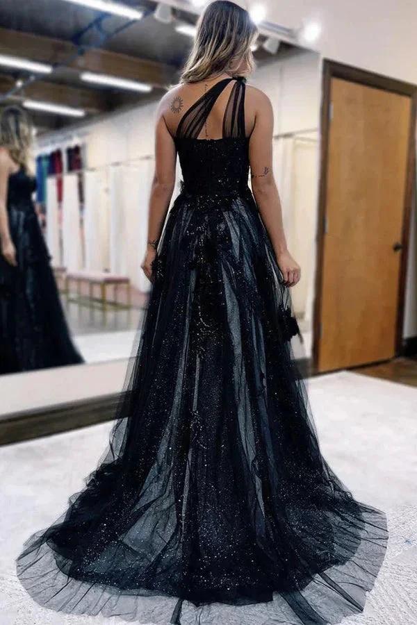 A-Line One Shoulder Black Long Prom Dress With 3D Appliques PSK444 by pgmdress