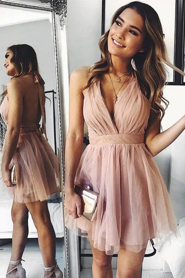 A-Line Pink Tulle Deep V-neck Backless Pleats Mini Homecoming Dress PD440 Hover Image