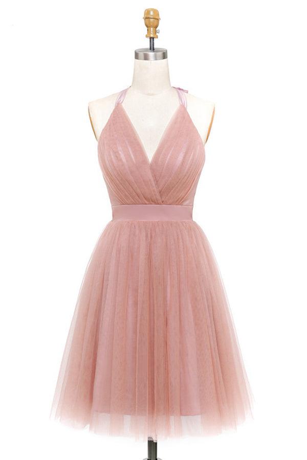 A-Line Pink Tulle Deep V-neck Backless Pleats Mini Homecoming Dress PD440 Main Image