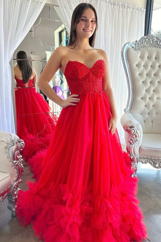 A-Linie Rotes Sweetheart Korsett Rüschen Ballkleid Abendkleid PSK493