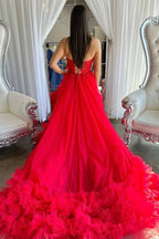 A-Line Red Sweetheart Corset Ruffle Prom Dress Formal Gown PSK493