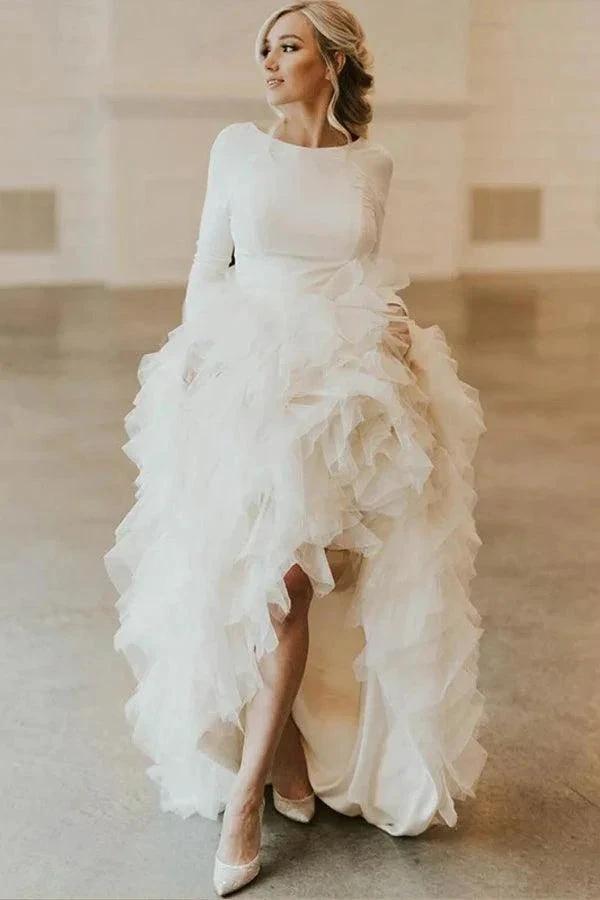 A-Line Round Neck Court Train Tulle Wedding Dress with Long Sleeves WD307 by pgmdress