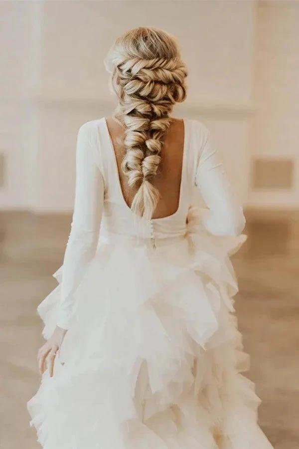 A-Line Round Neck Court Train Tulle Wedding Dress with Long Sleeves WD307 by pgmdress